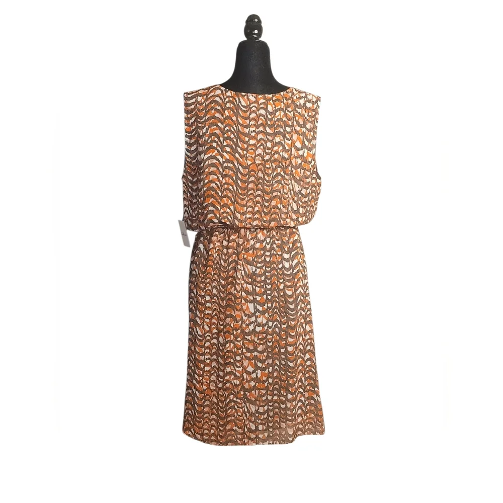 Chaus Women's Brown, White, and Pink Tiger Lily Pattern Midi Faux Wrap Dress.